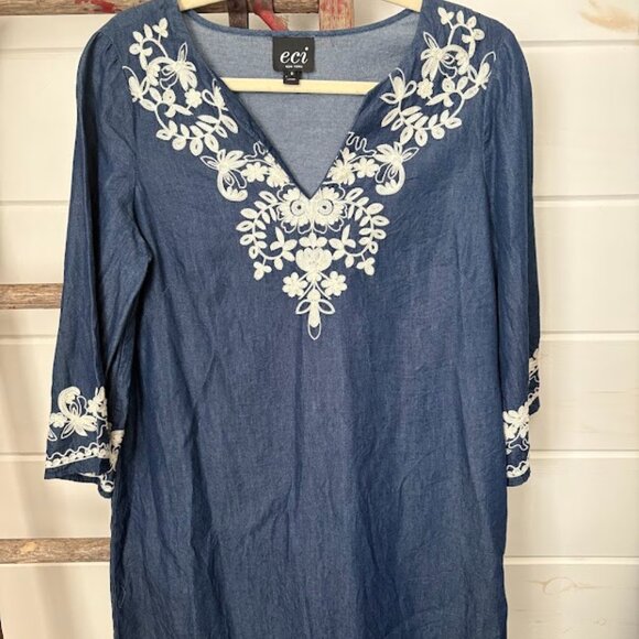 ECI Dresses & Skirts - ECI New York Denim Blue Jean Dress Size 8 With White Lace